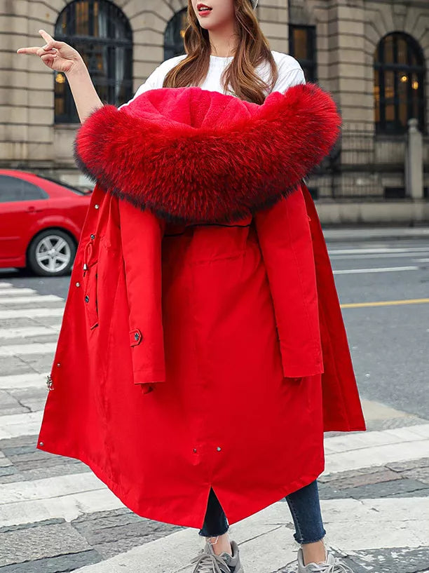 Faux-fur-trim parka, red back hood