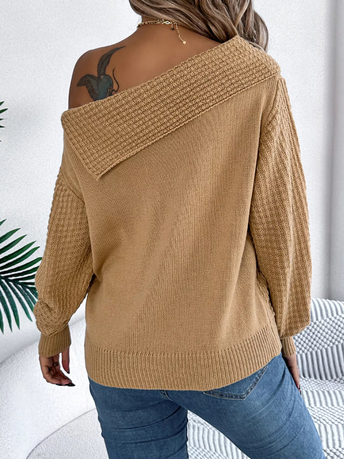 One Shoulder Cable Knit Sweater in camel, back view