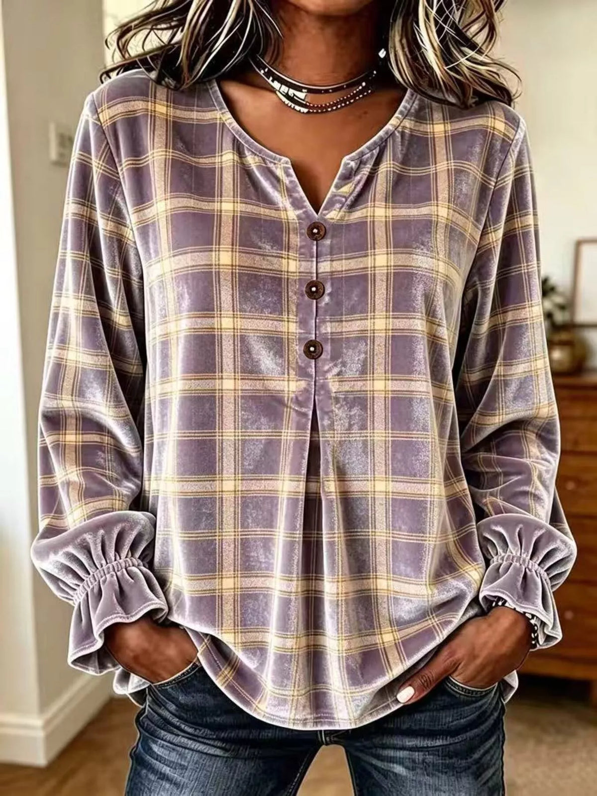 Purple plaid velvet balloon-sleeve blouse, front view