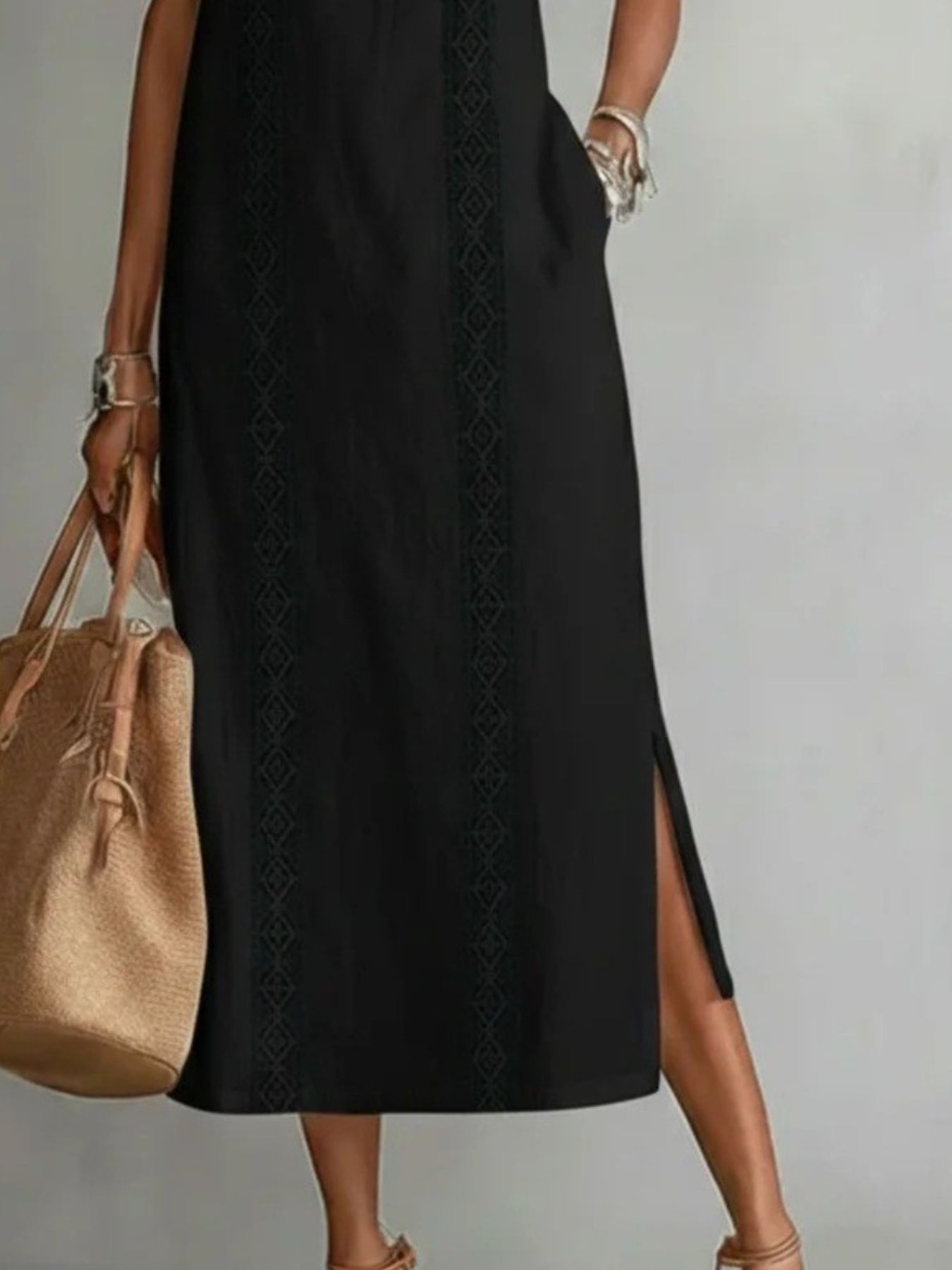 Trendsi Side Slit Sleeveless Hollow-Out Trimmed Midi Dress -