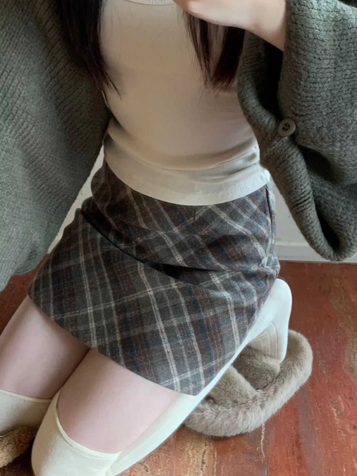 Coffee vintage plaid a-line mini skirt