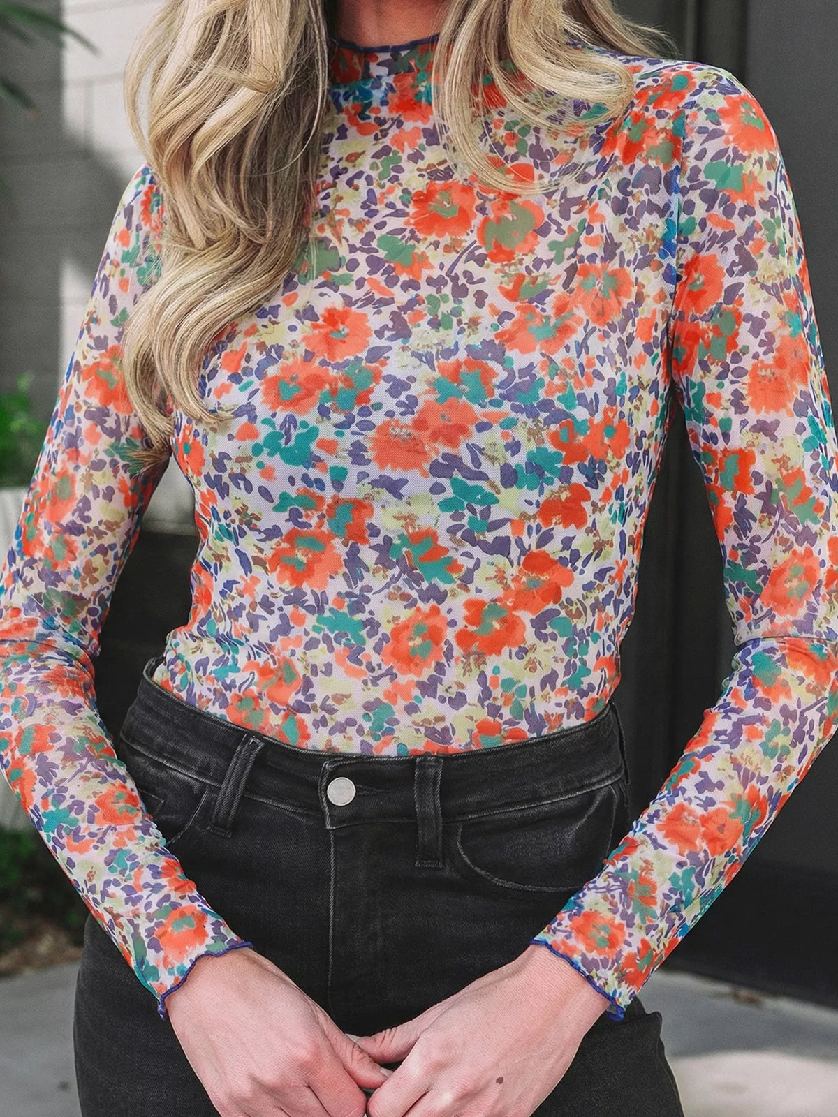 Women's Floral Print Sheer Mesh Long Sleeve Mock Neck Top in Floral, detail view