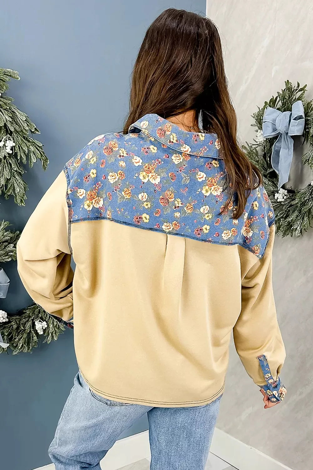 Trendsi Floral Denim Patchwork Collar V Neck Long Sleeve Pullover Top -