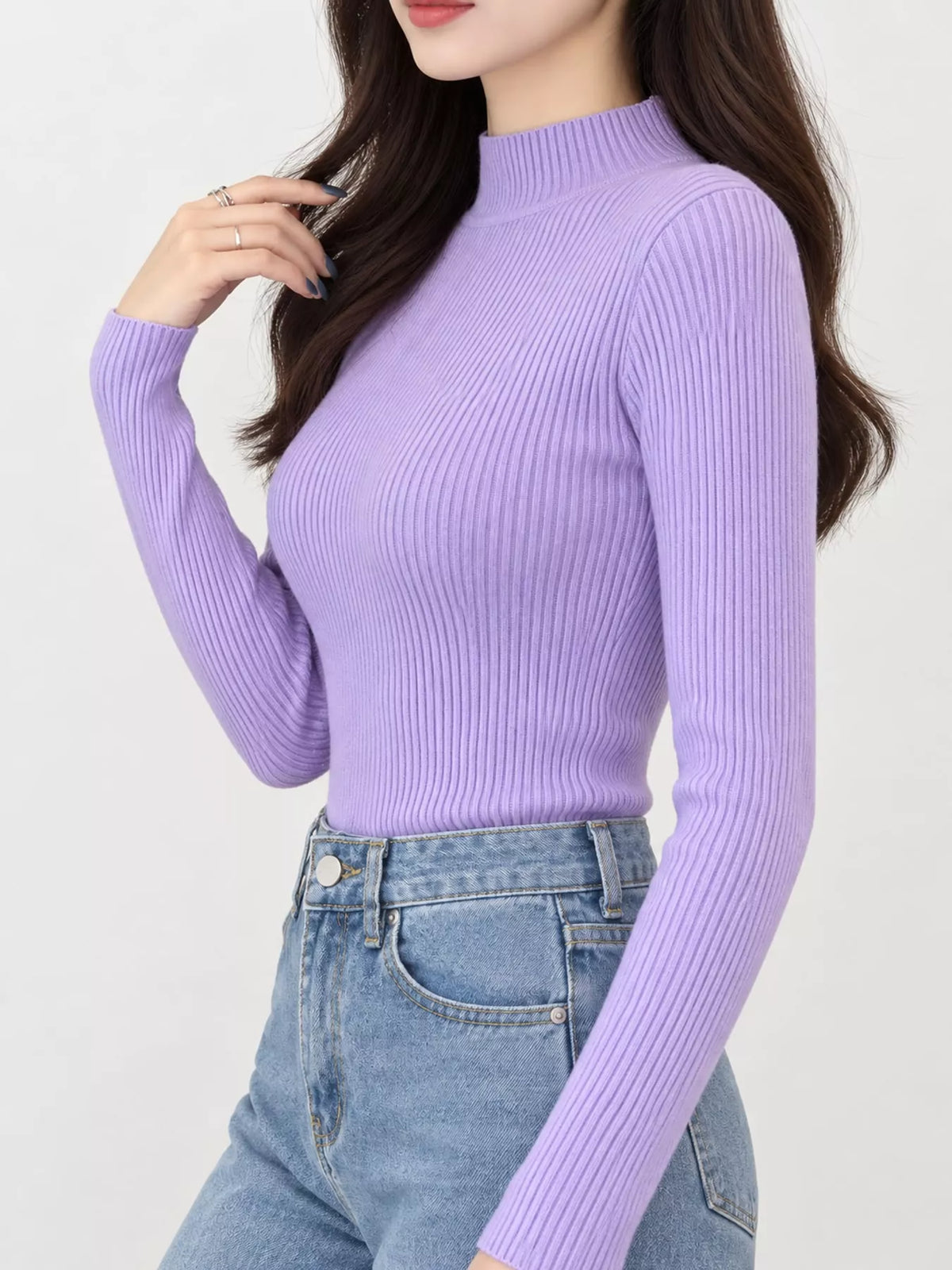 Lavender ribbed mock neck long sleeve knit top