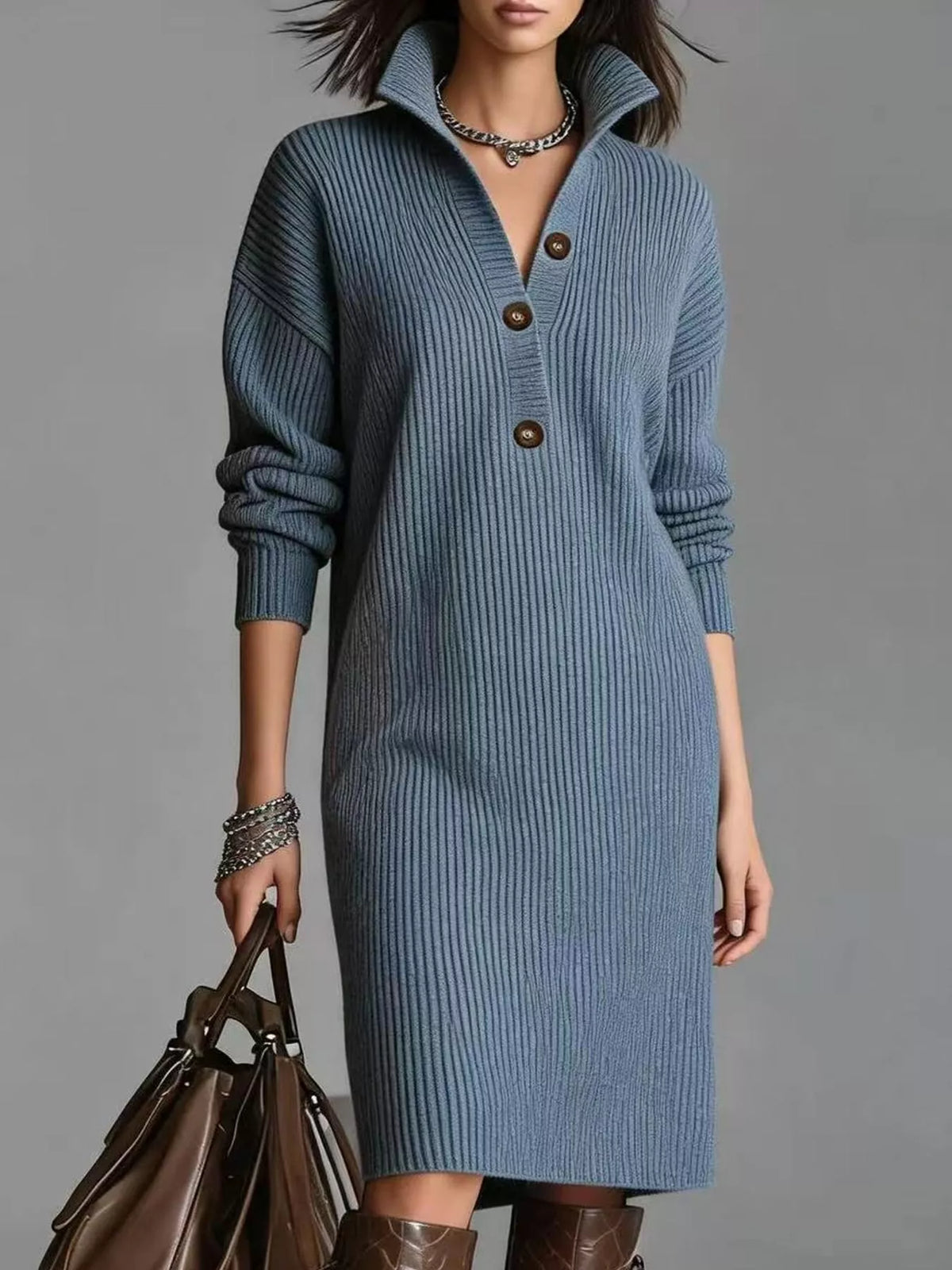 Collared long sleeve knee dress, front view on model