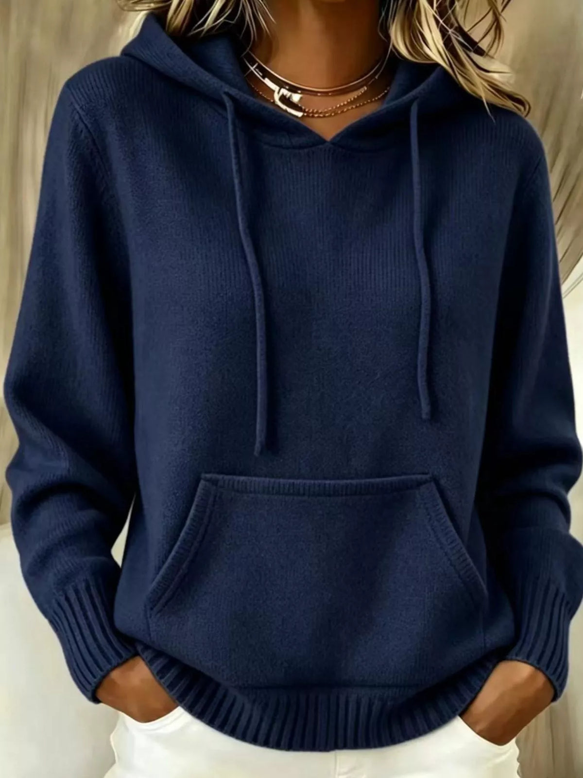 Women's Drawstring Kangaroo Pocket Hooded Sweater in navy — front view