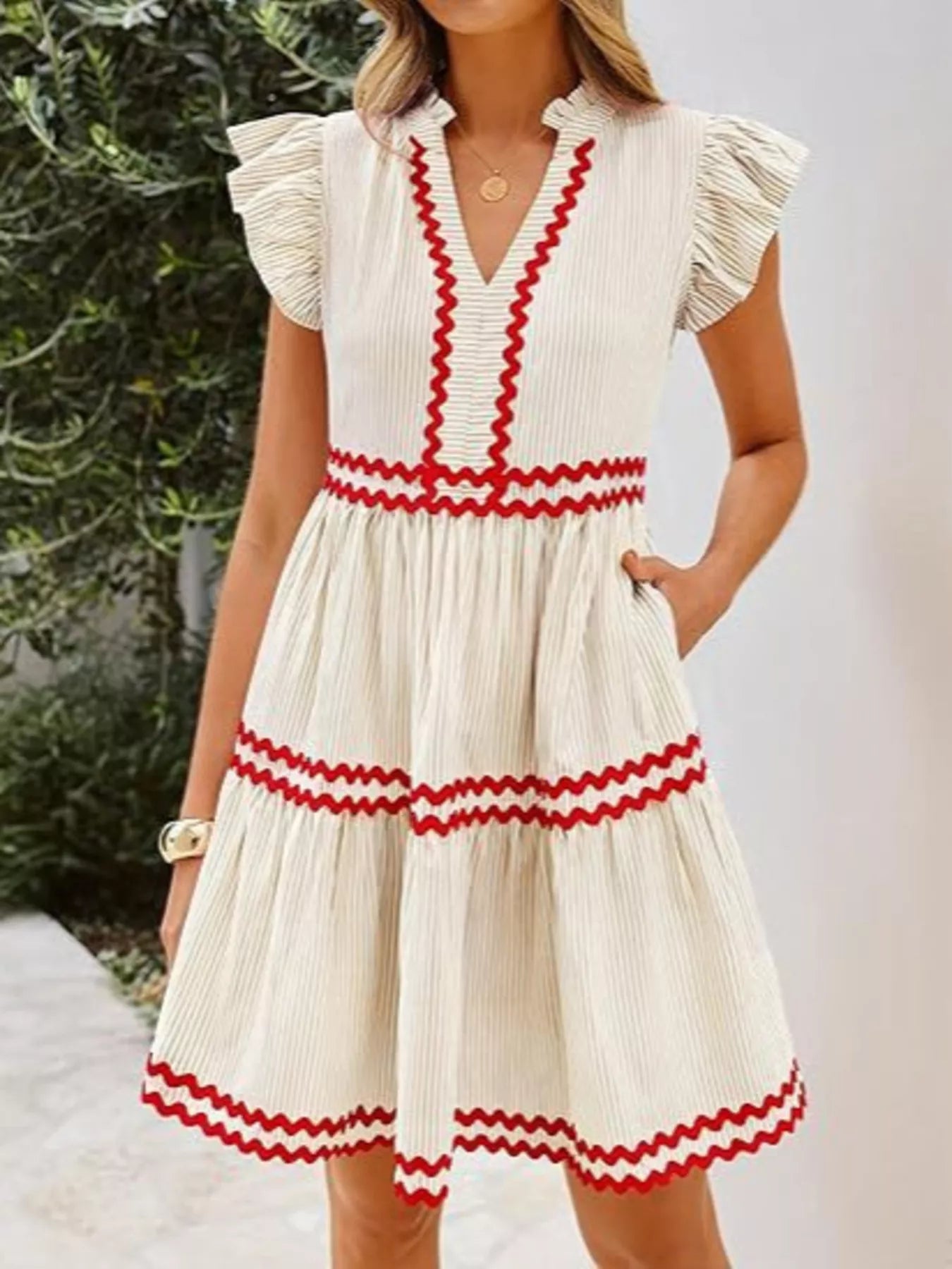 Trendsi Striped Ruffle Sleeve Tiered Dress -