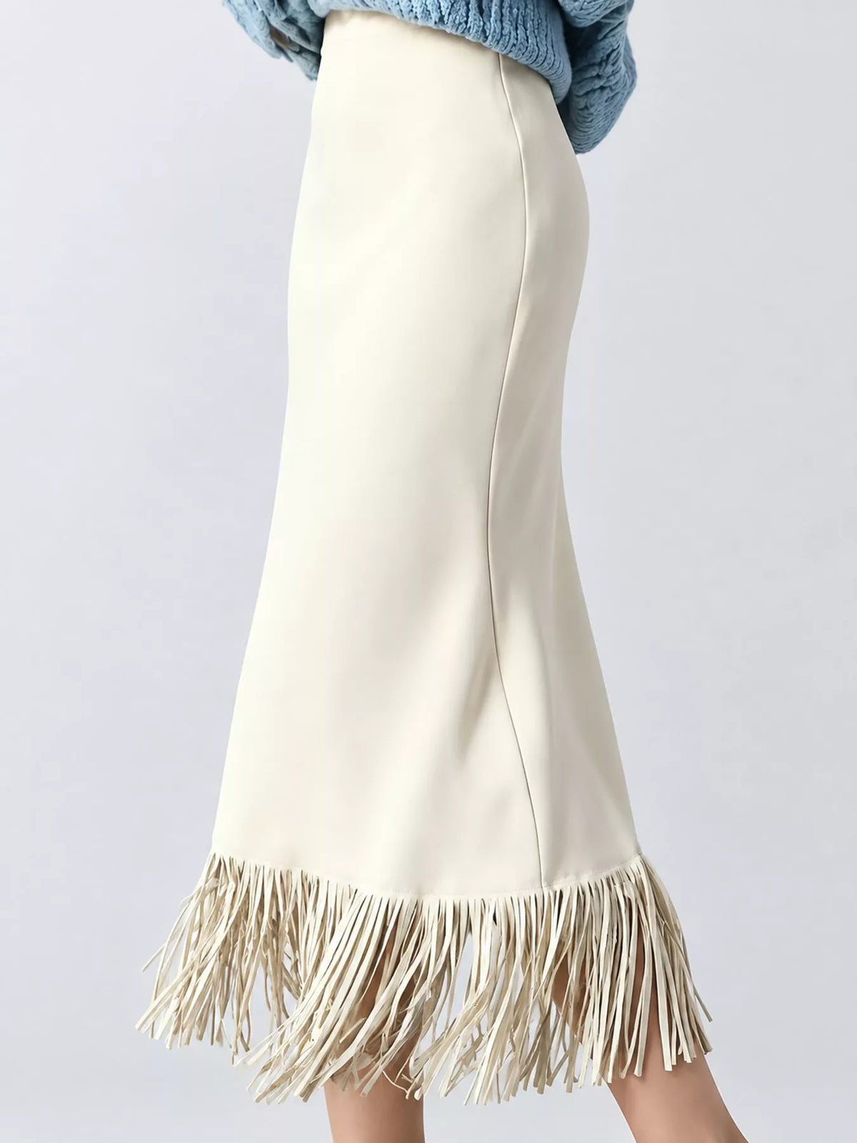 Cream fringe midi skirt, side view