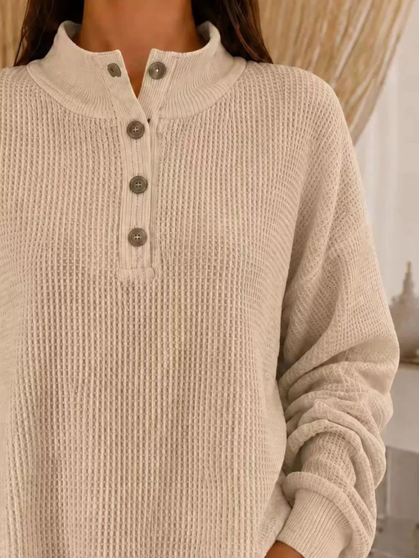 Trendsi Full Size Waffle Knit Button Detail Sweatshirt Plus Size -