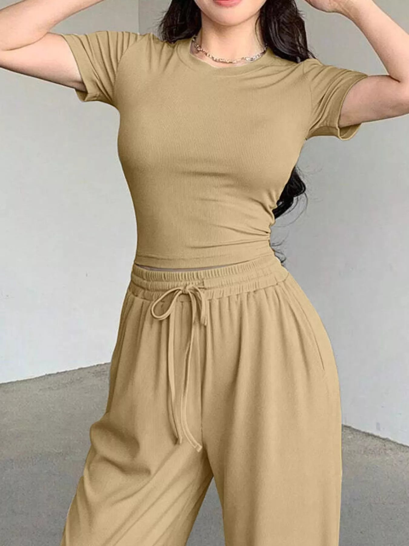 Trendsi Solid Color Short Sleeve Crop Top and Wide Leg Pants Set -