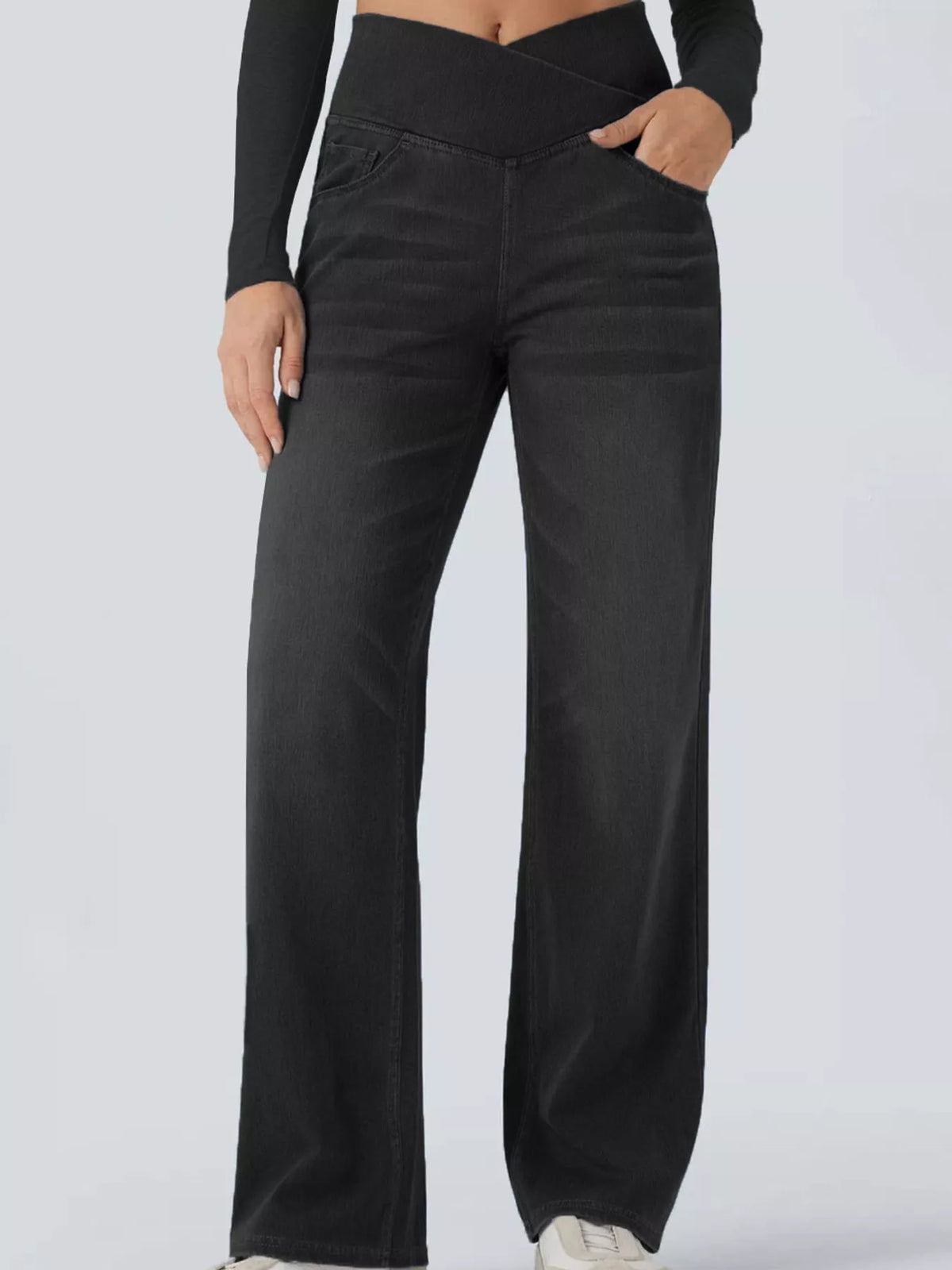 High-Waisted Crossover Straight-Leg Jeans, front view