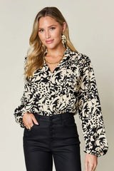 Trendsi Double Take Full Size Printed Ruffle Trim Balloon Sleeve Shirt -