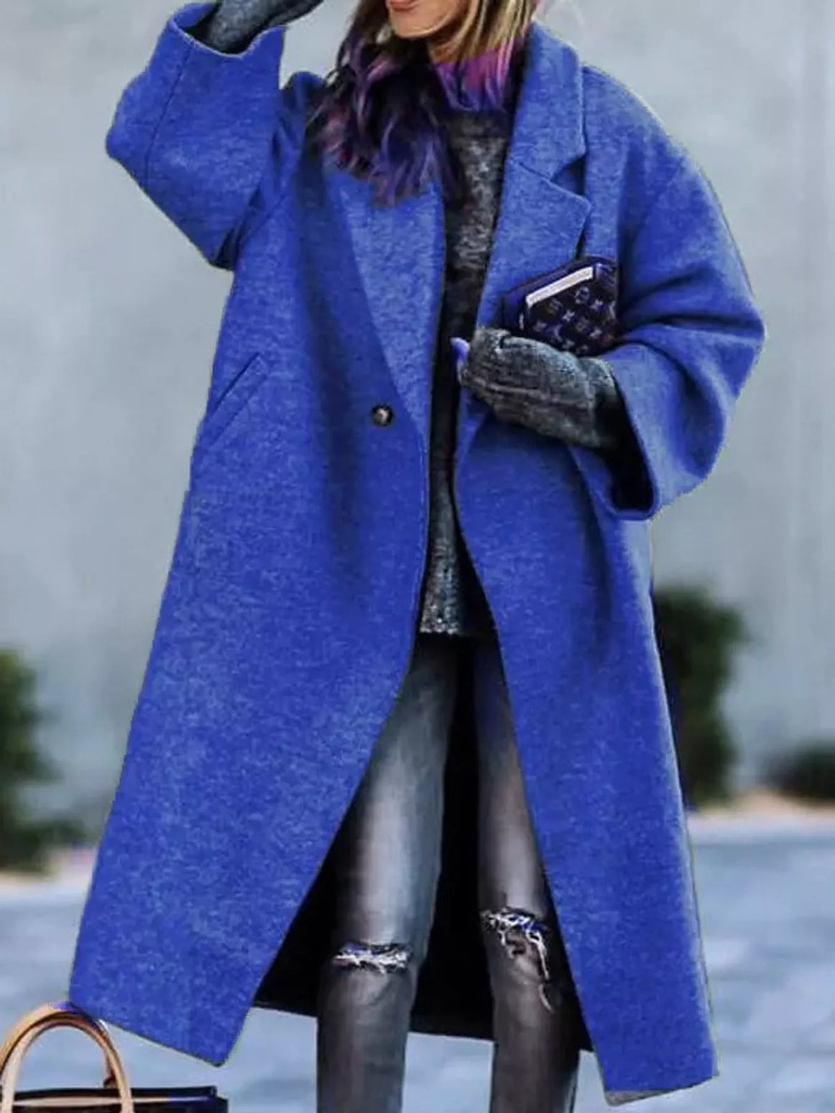 Blue lapel collar one button coat