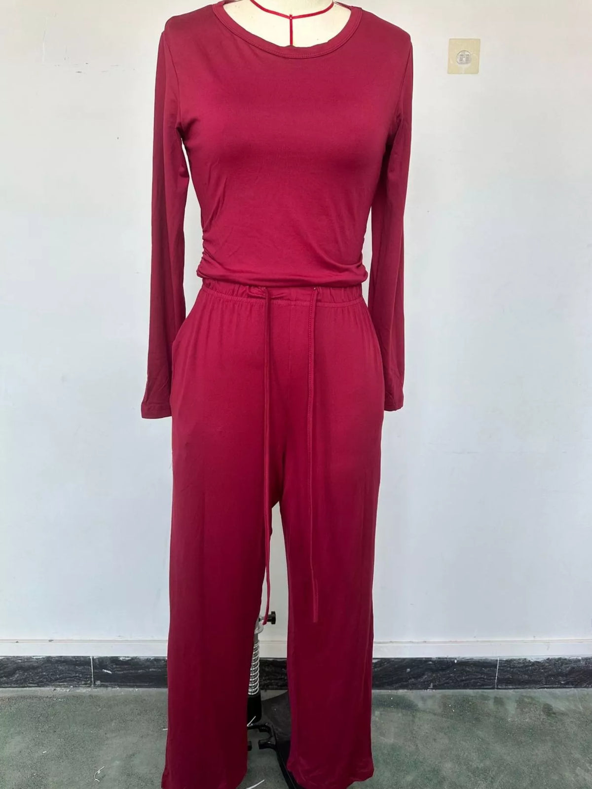 Long Sleeve Ruched Top and Wide-Leg Drawstring Pants Set — garment front