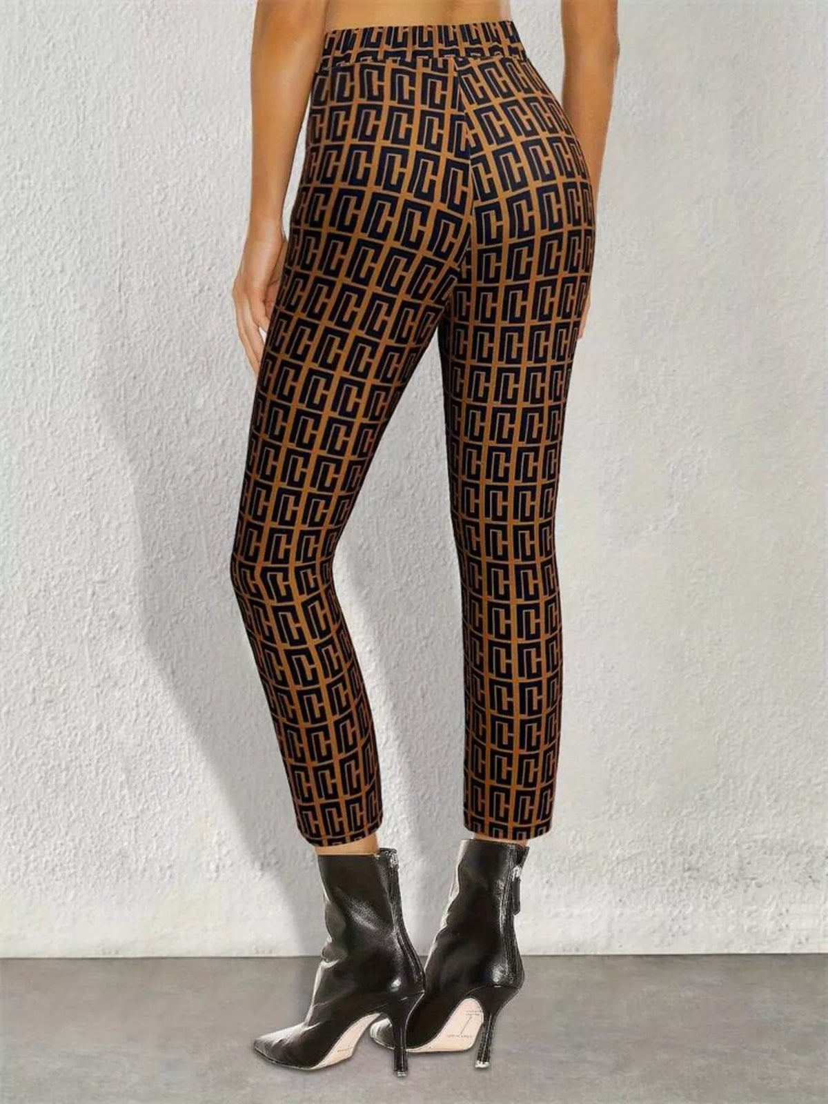 Coffee Brown Geometric-Pattern Slim-Fit Cropped Pants back view