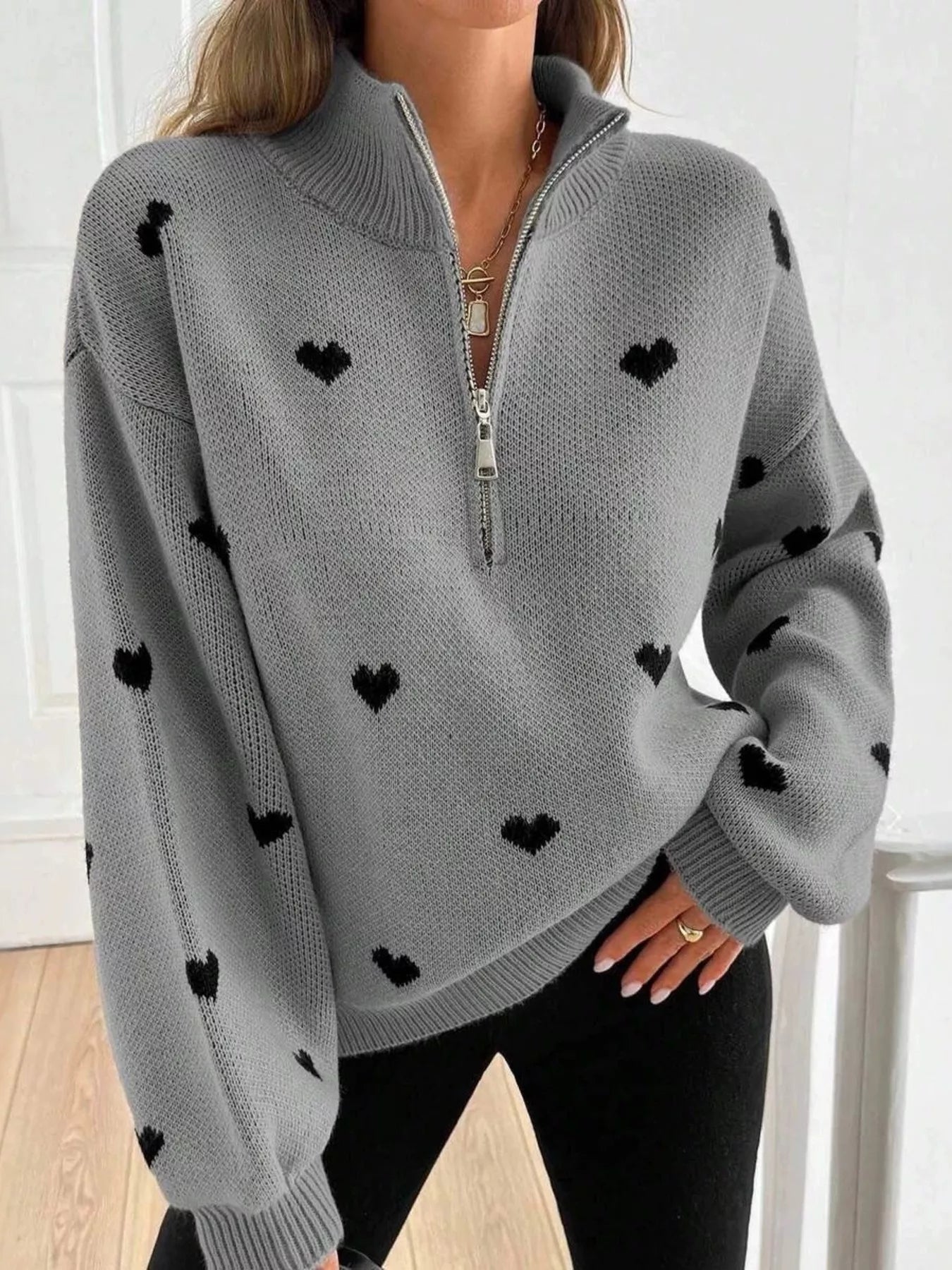 Trendsi Full Size Heart Half-Zip Long Sleeve Sweater Plus Size -