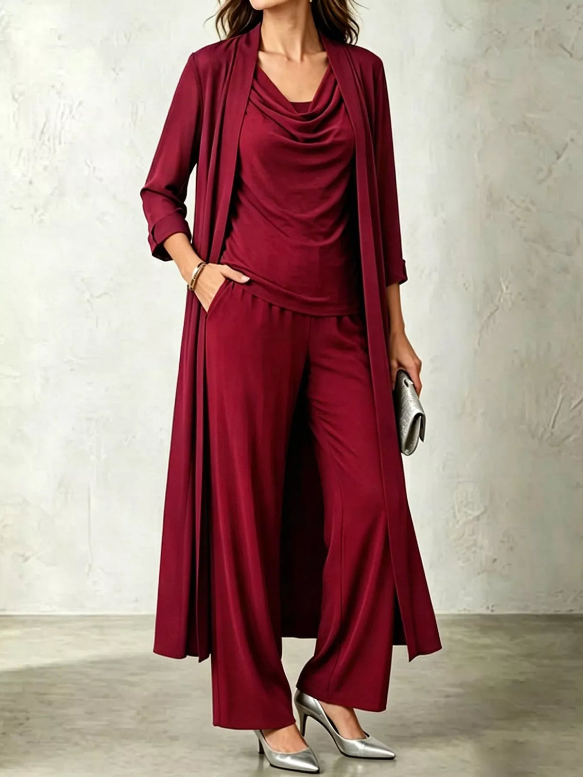 Burgundy cowl neck top, cardigan and pants set, front view