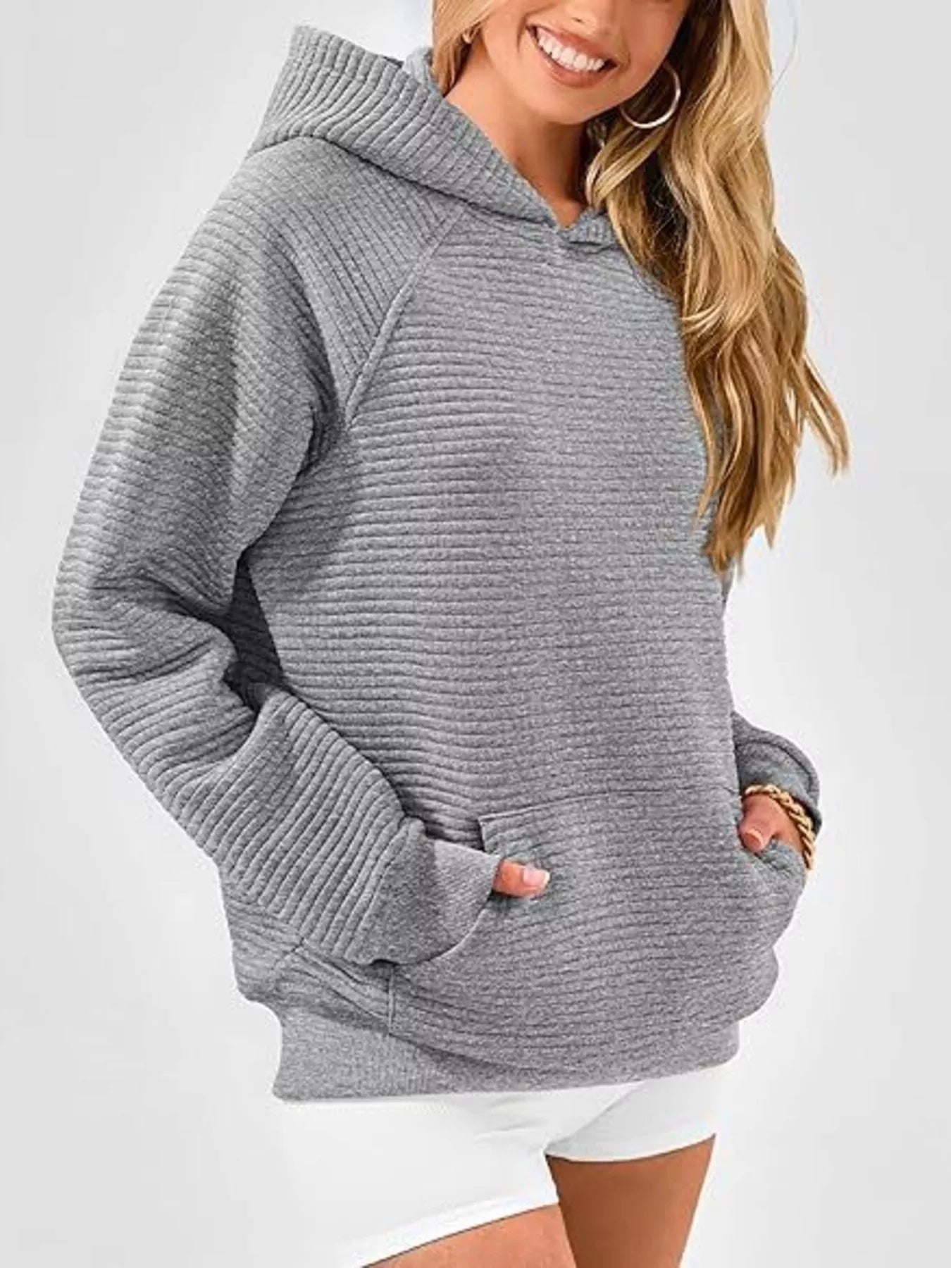 Trendsi Texture Kangaroo Pocket Raglan Sleeve Hoodie -