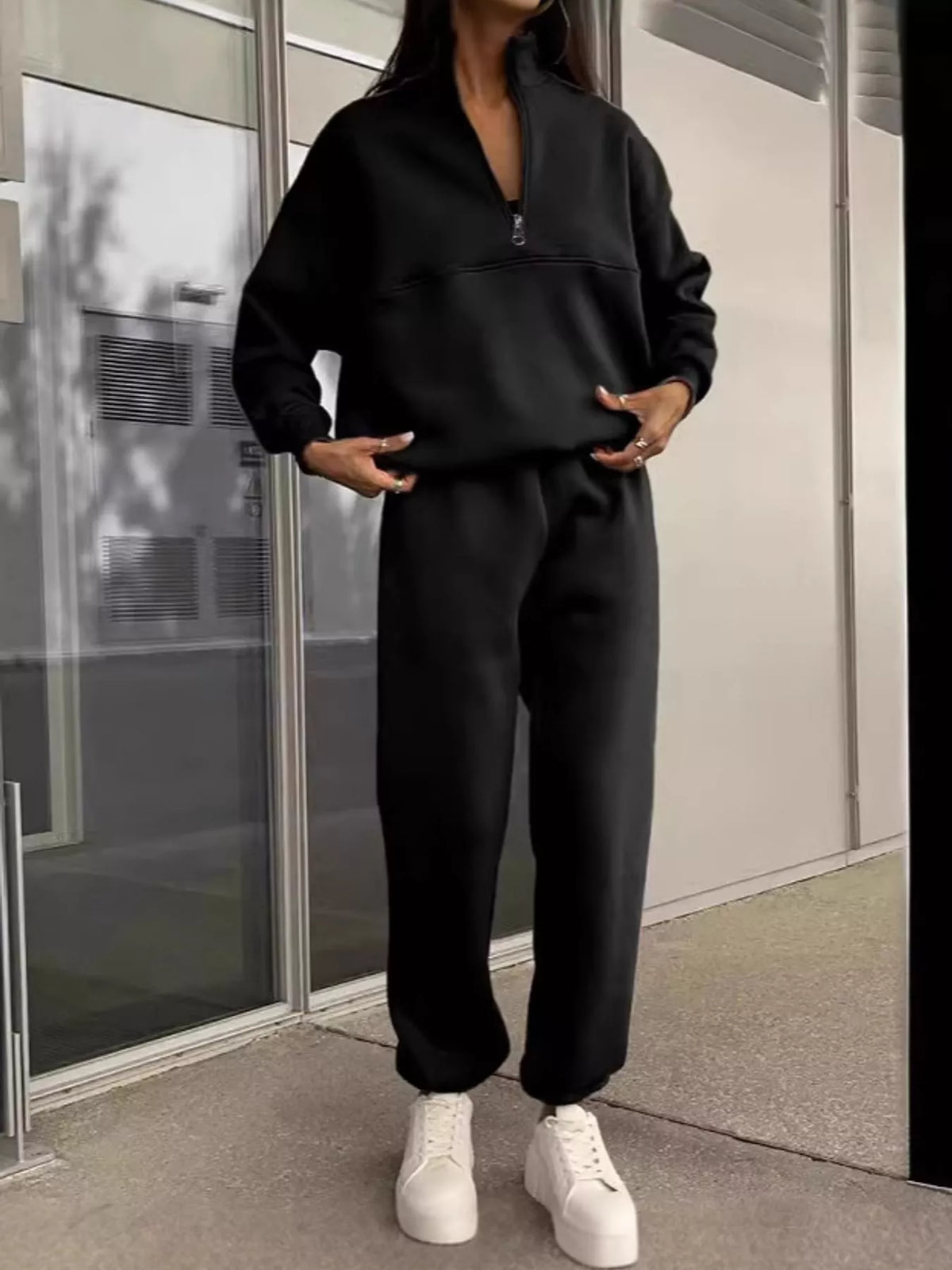 Half-zip top and pants set, black full front