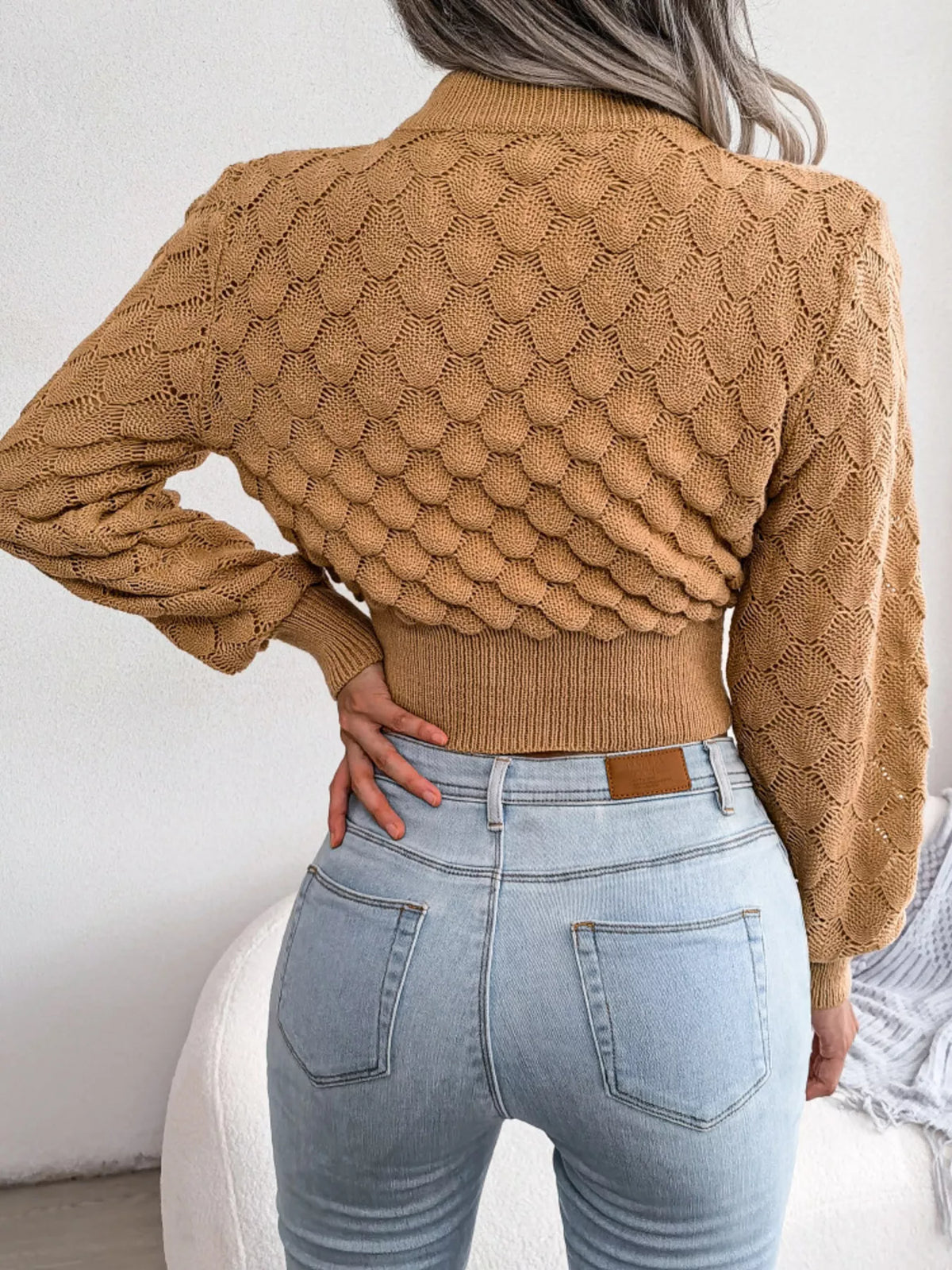 Mock Neck Textured Cropped Sweater in camel, back view