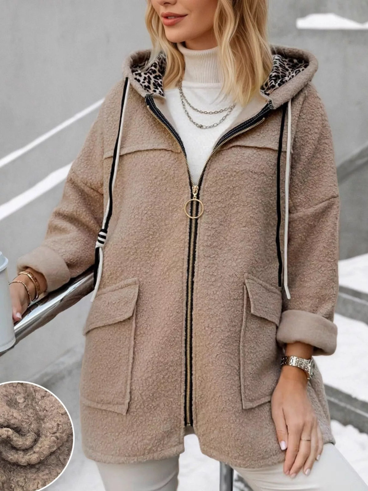 Khaki Fleece Zip-Up Hooded Jacket with Pockets front view