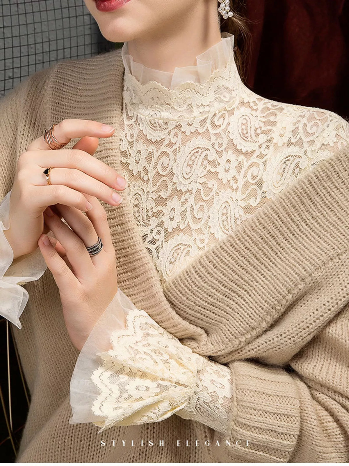 Cream lace mock neck blouse