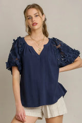 Trendsi Umgee Full Size French Terry Boxy Cut Top with 3D Floral Sleeve Plus Size -