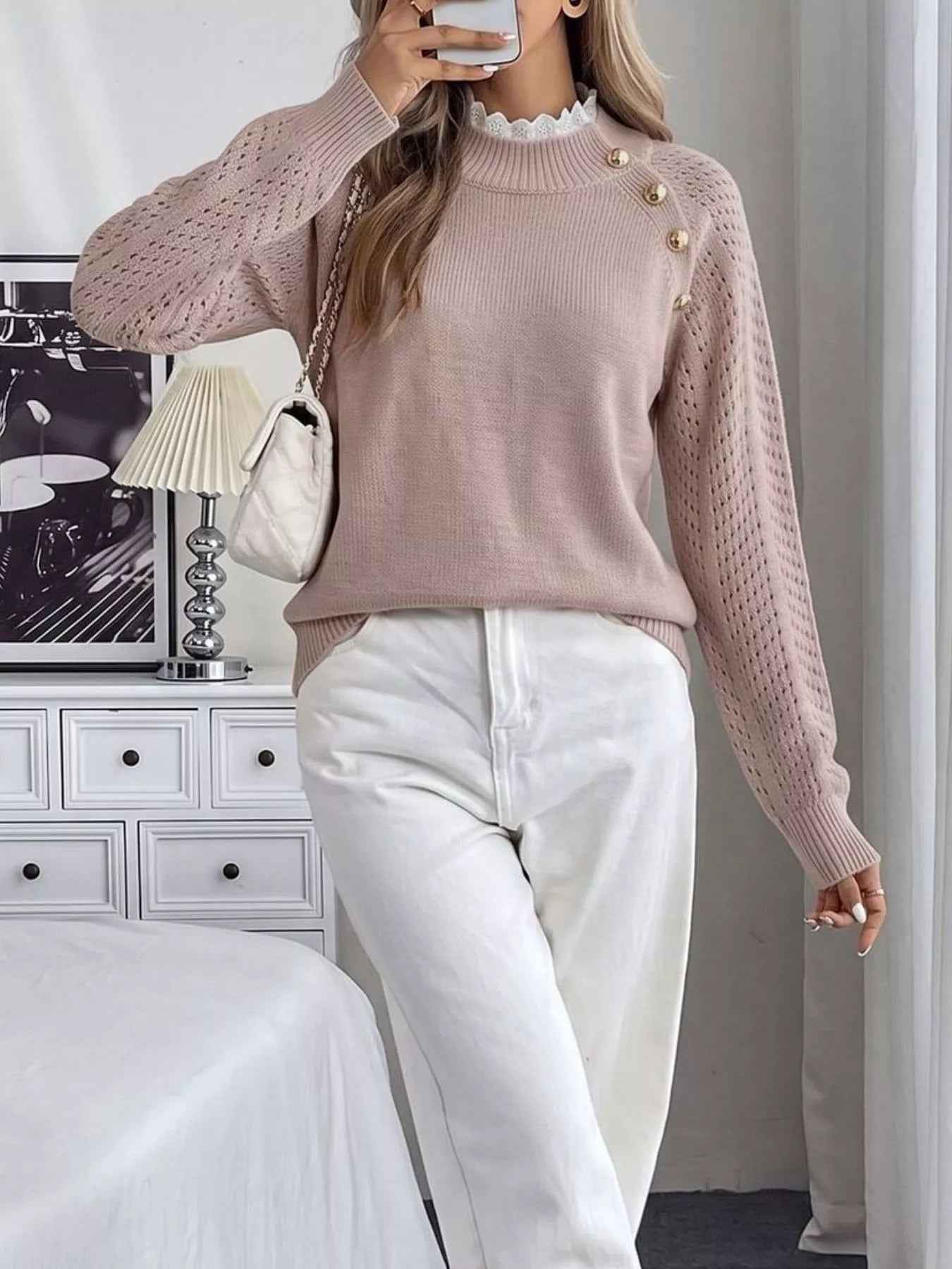 Trendsi Openwork Mock Neck Sweater -