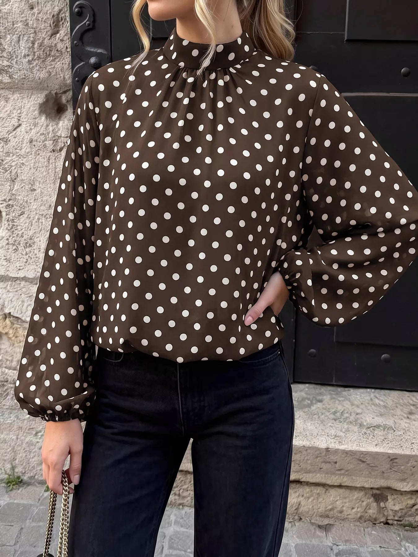 Trendsi Polka Dot Mock Neck Long Sleeve Blouse -