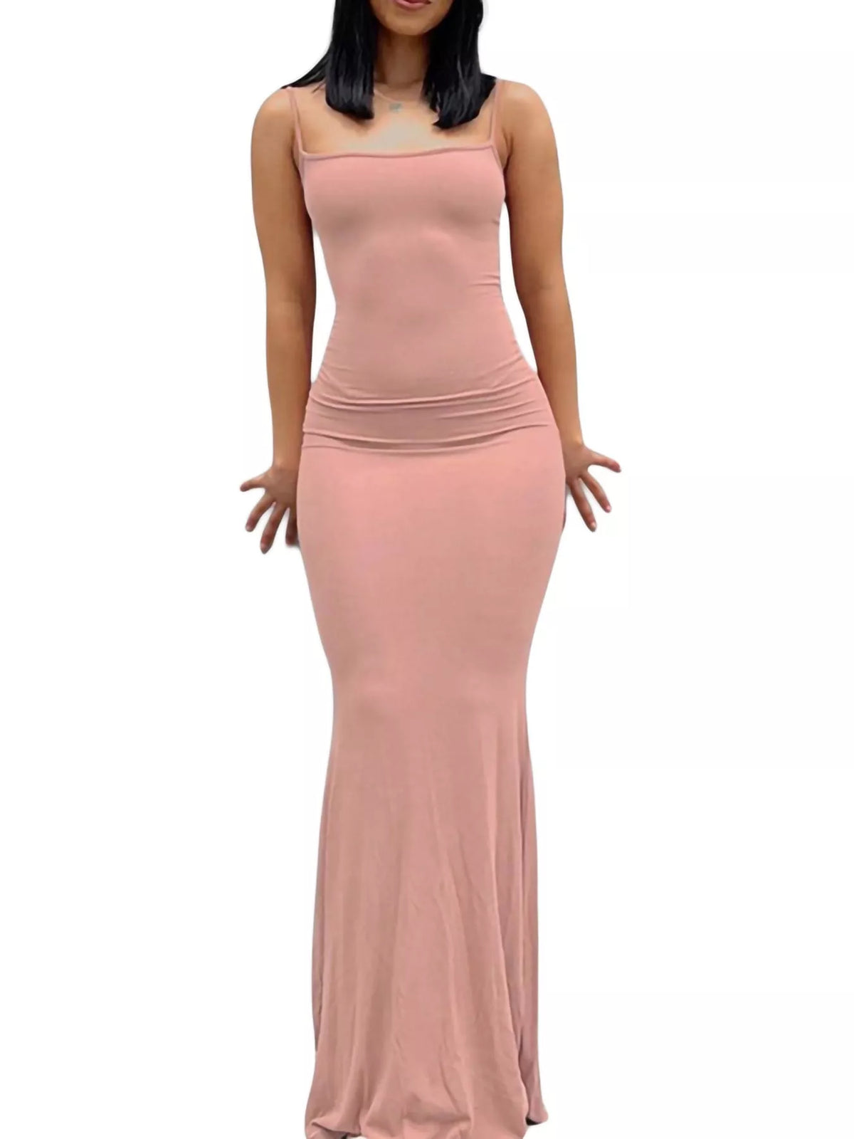 Nude pink bodycon spaghetti strap maxi dress, front view