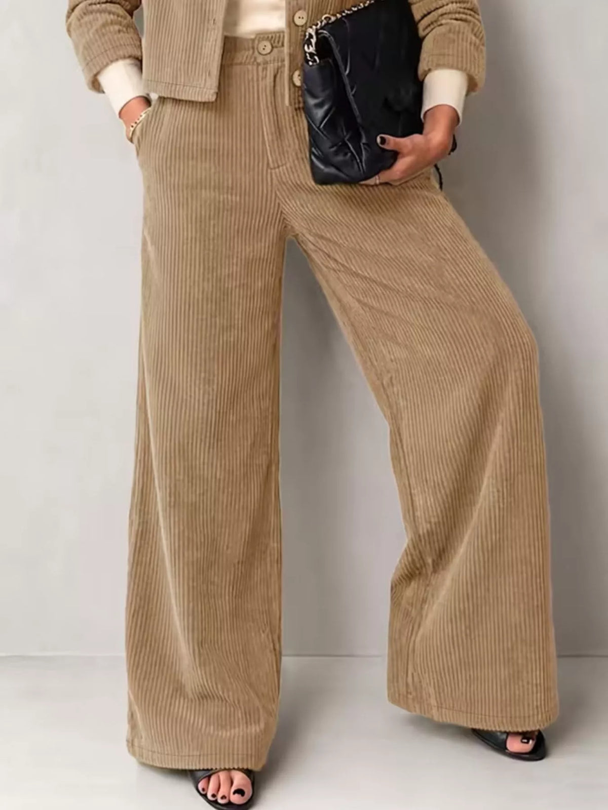 Women's Corduroy Button-Down Jacket and Wide-Leg Pants Two-Piece Set in tan — pants detail view