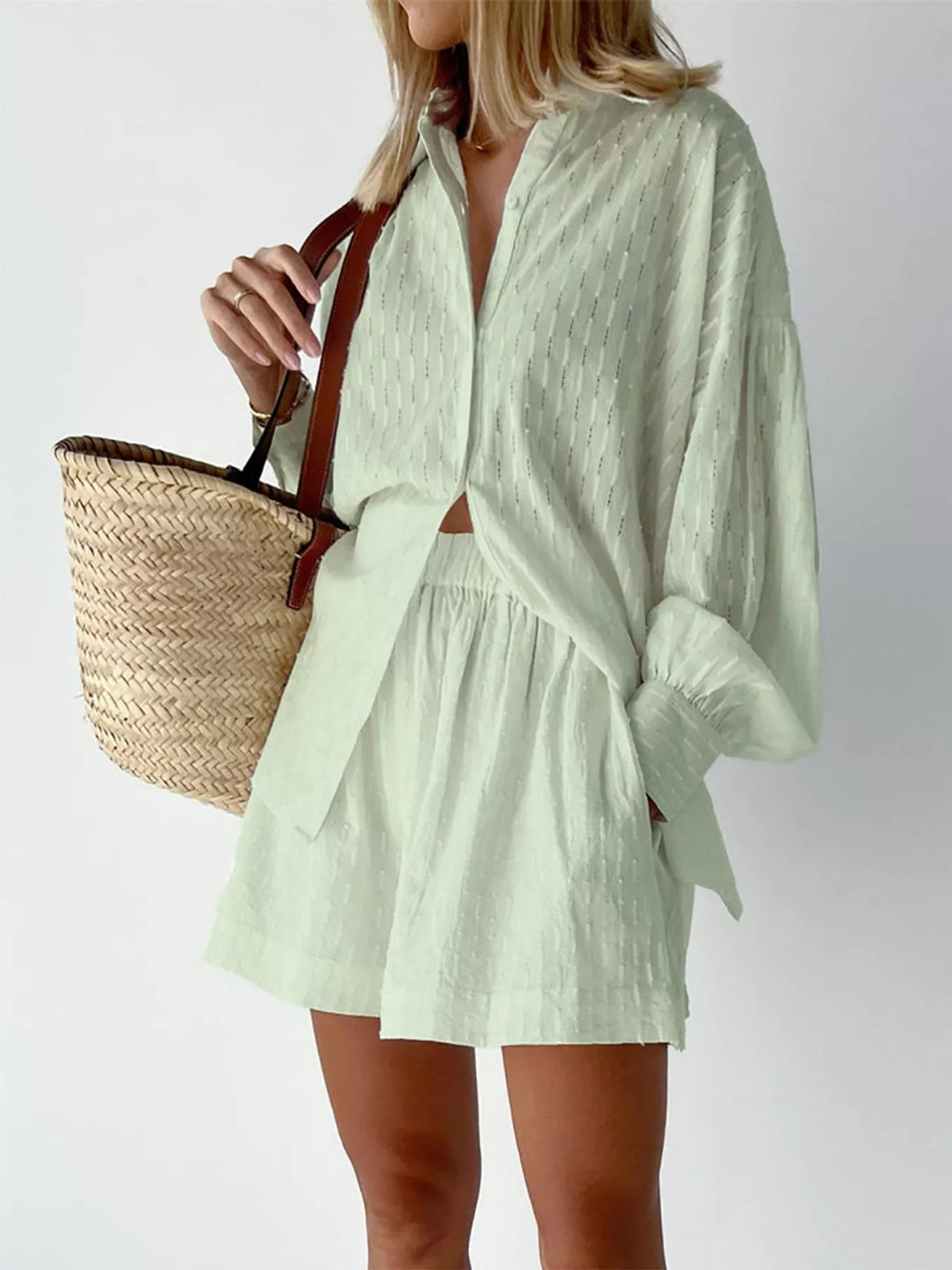Women's Textured Button-Down Shirt and Shorts Set in sage — front view