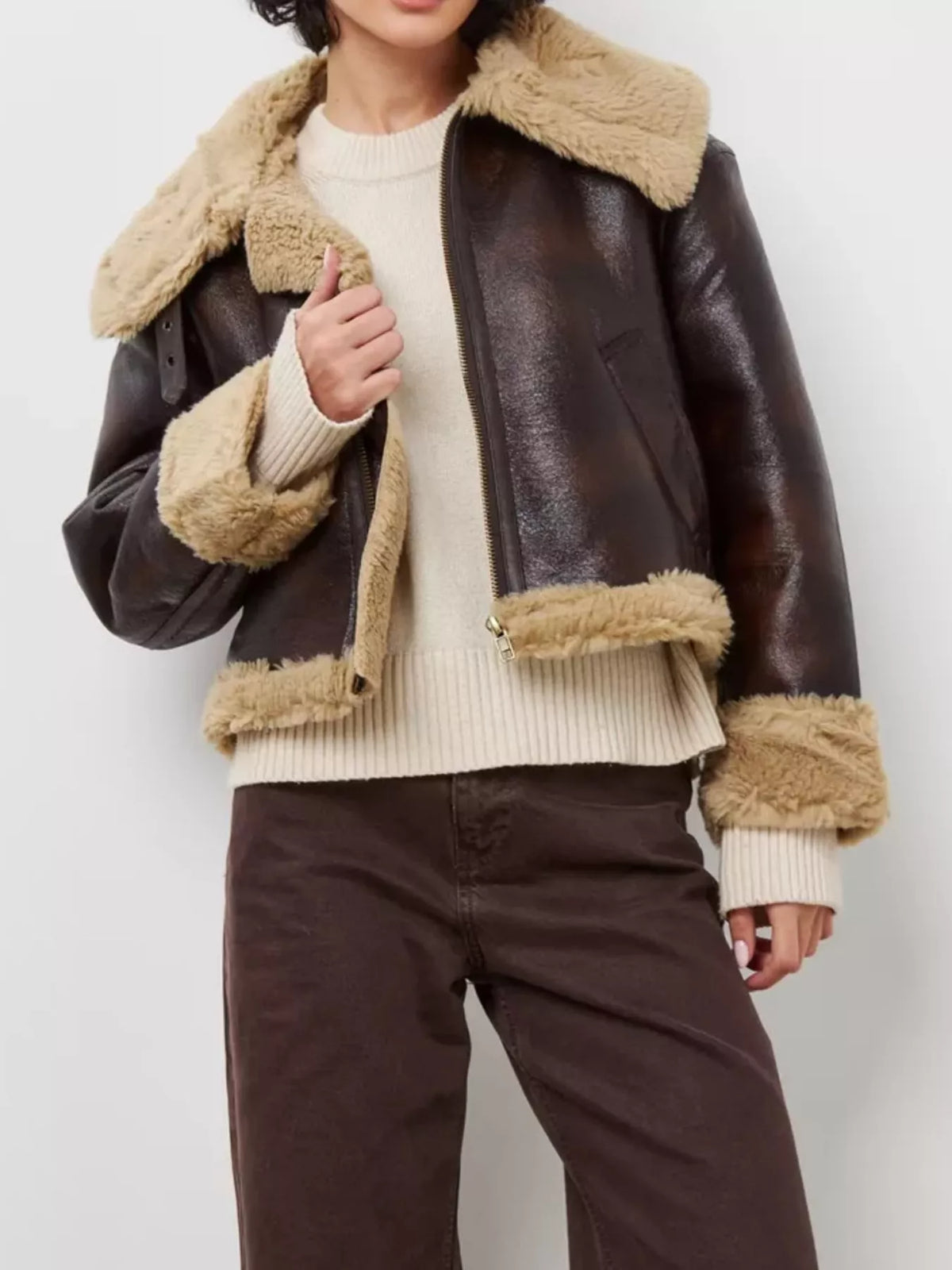 Faux Leather Aviator Jacket with Plush Trim, front view