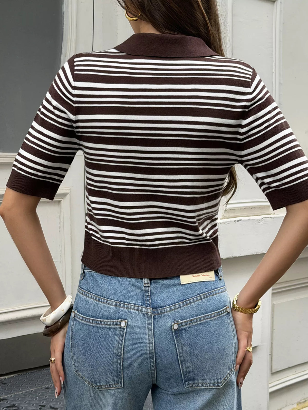 Trendsi Striped Polo Cropped Knit Top -