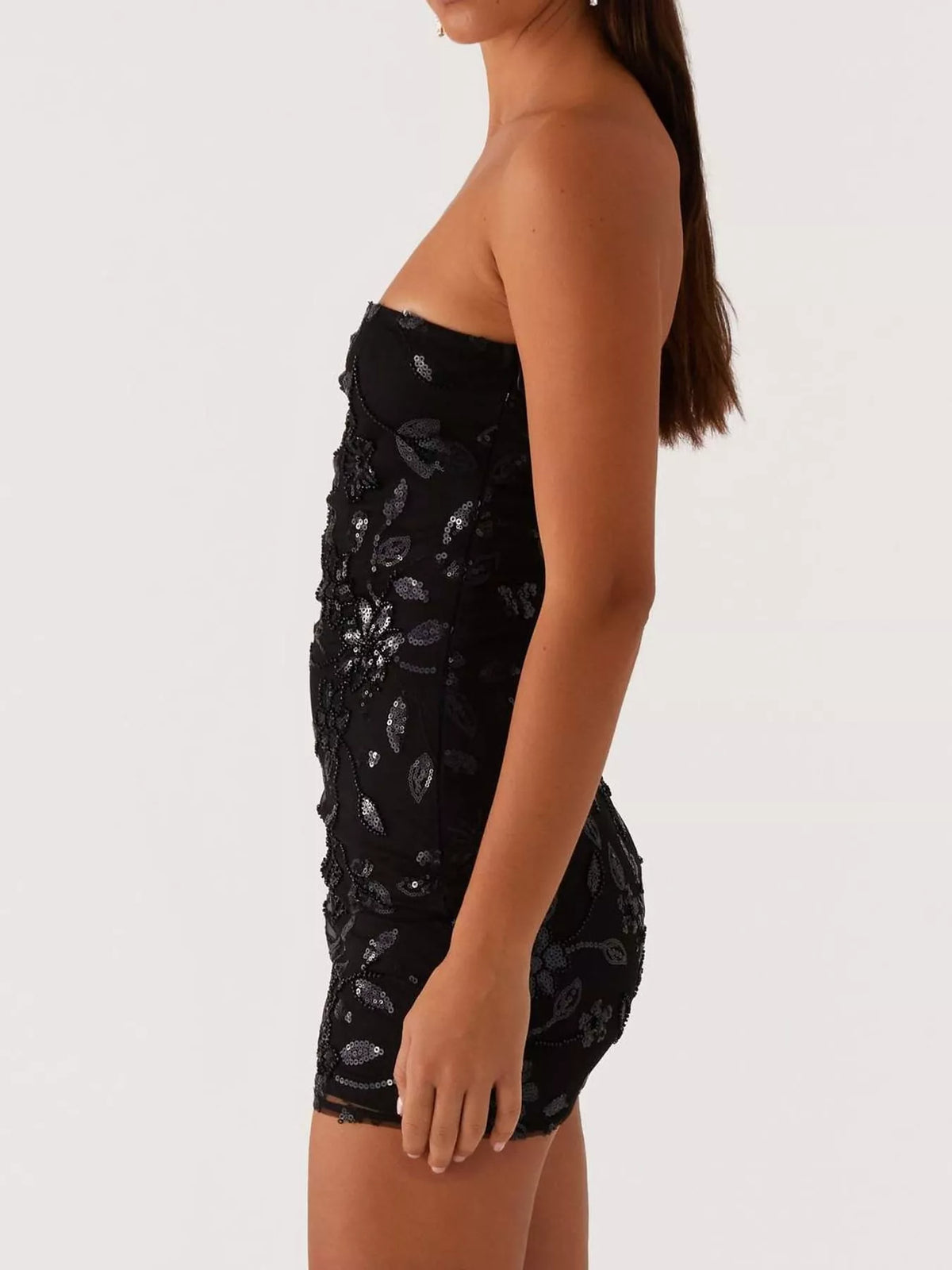 strapless mini dress, side view