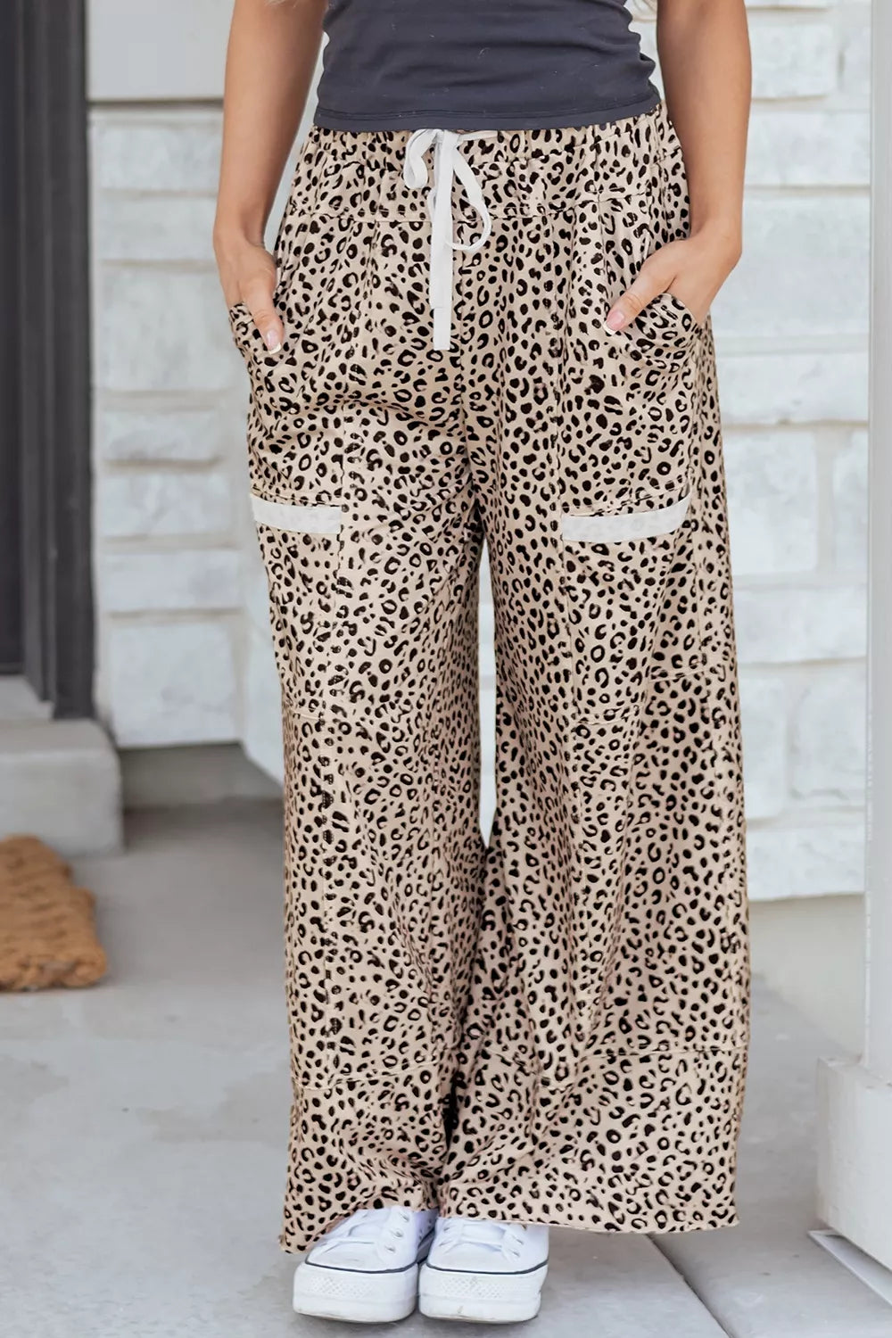 Trendsi Leopard Print Wide-Leg Pants with Drawstring -