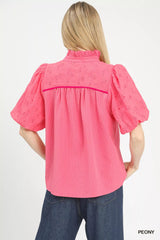 Trendsi Umgee Puff Sleeve Eyelet Mix Top with Contrast Piping -