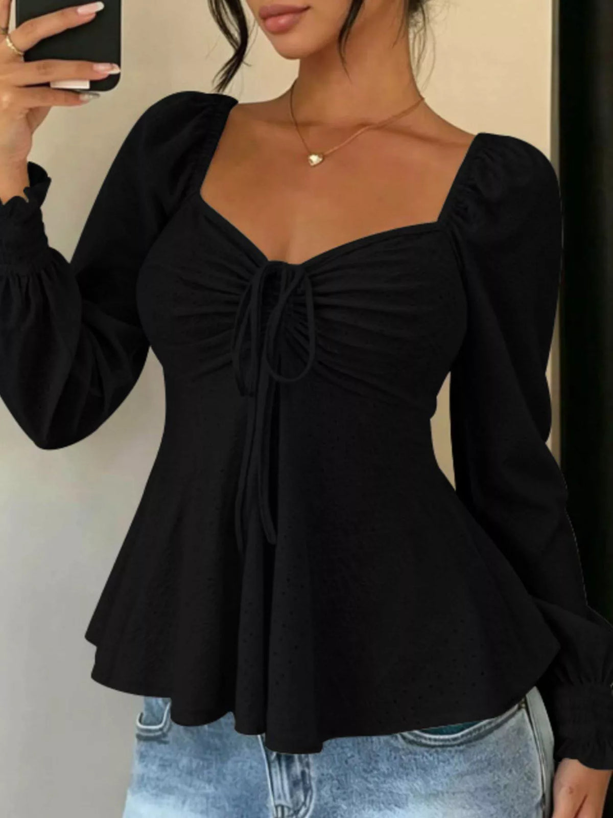 Trendsi Ruched Sweetheart Neck Long Sleeve Top -