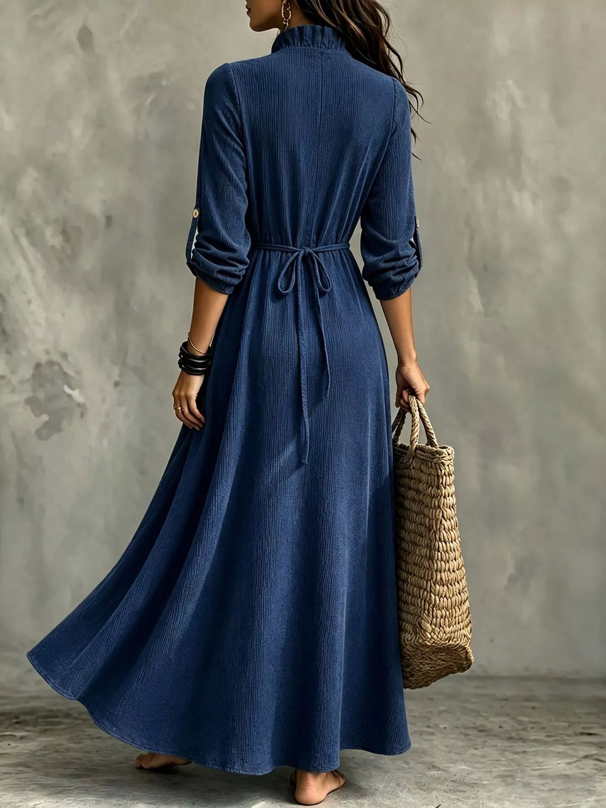 Navy V-neck maxi dress, back view