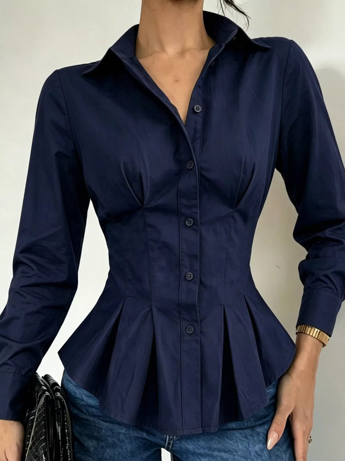 Button-Down Peplum Blouse with Fitted Waist, front view