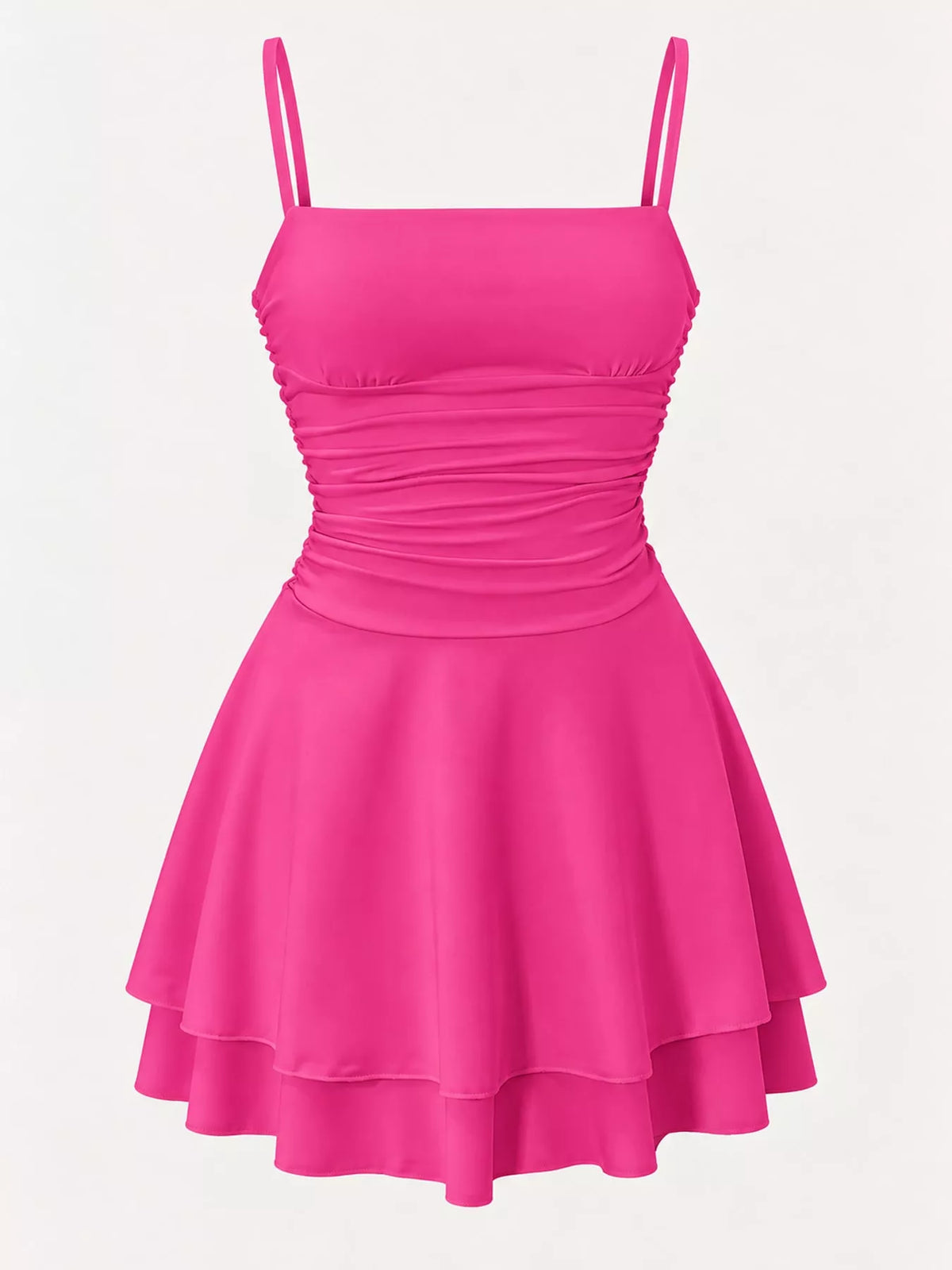 Hot pink ruched spaghetti strap layered mini dress, front product view