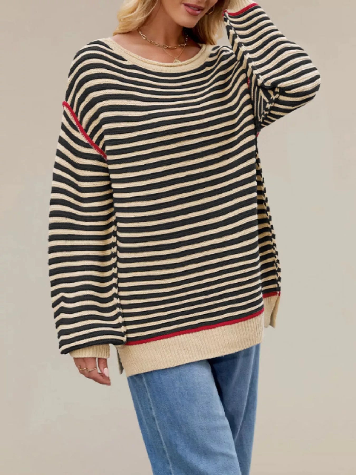 Trendsi Oversized Striped Dropped Shoulder Sweater -