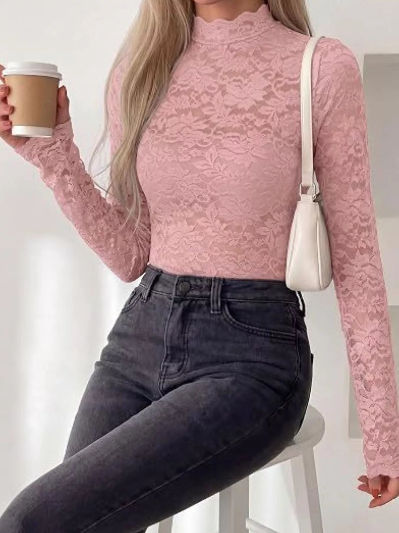 Trendsi Lace Mock Neck Long Sleeve Top -