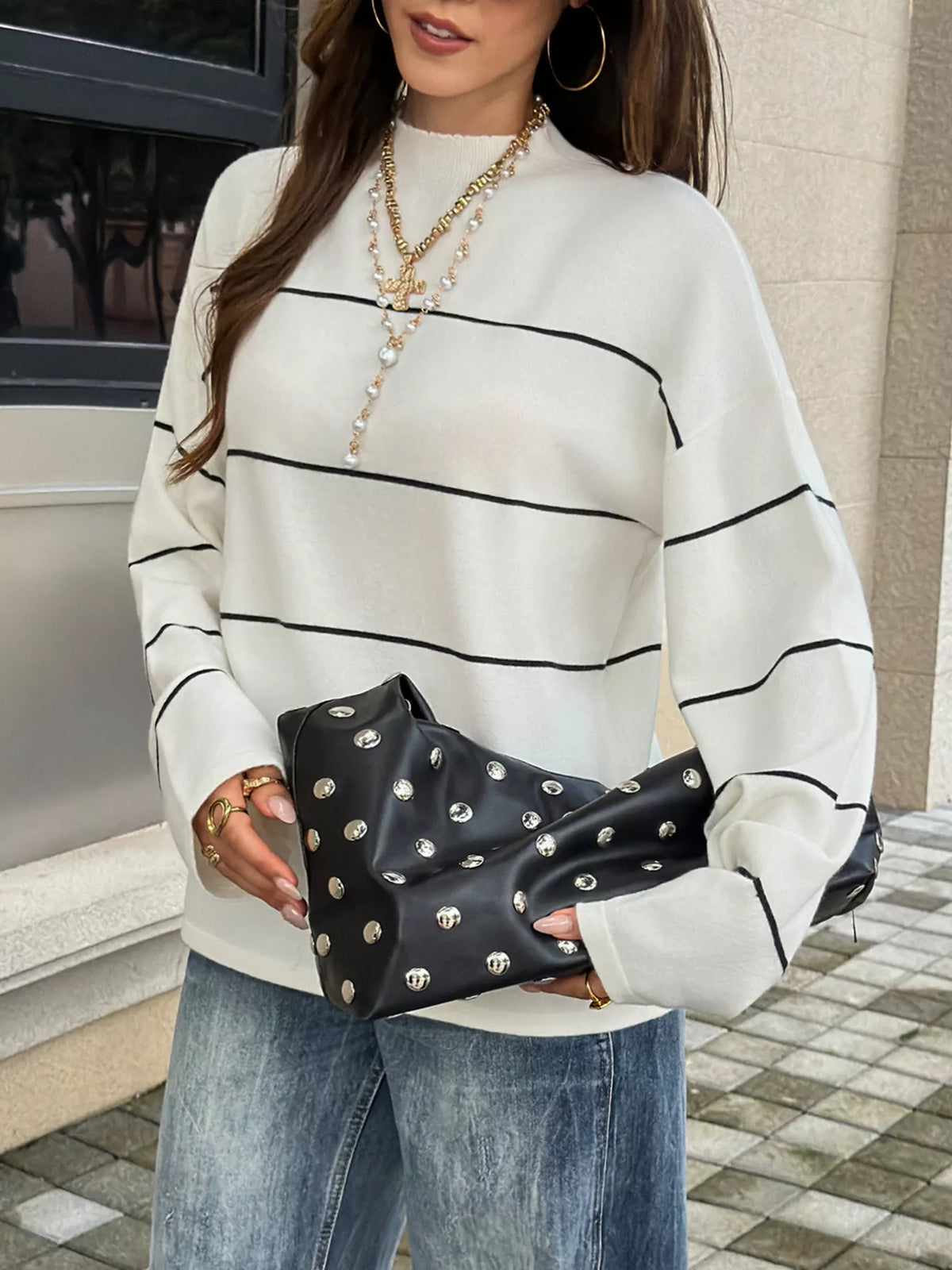 Striped mock neck sweater