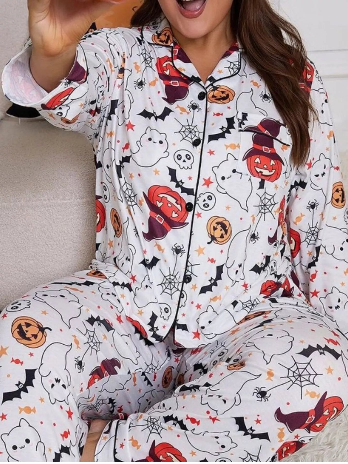 Trendsi Plus Size Halloween Ghost and Pumpkin Print Top and Pants Lounge Set -