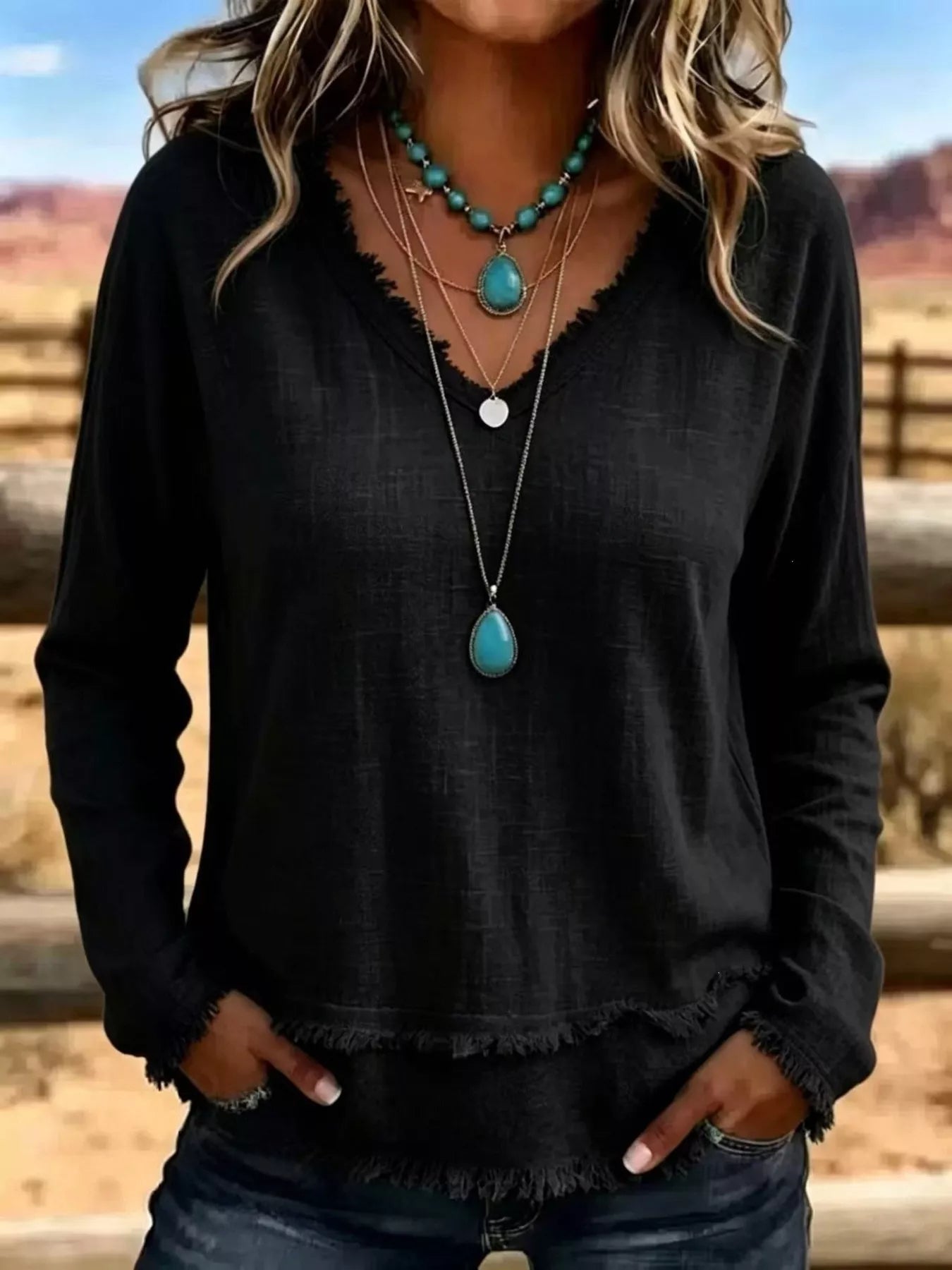 Trendsi V-Neck Long Sleeve Blouse with Frayed Hem Detail -