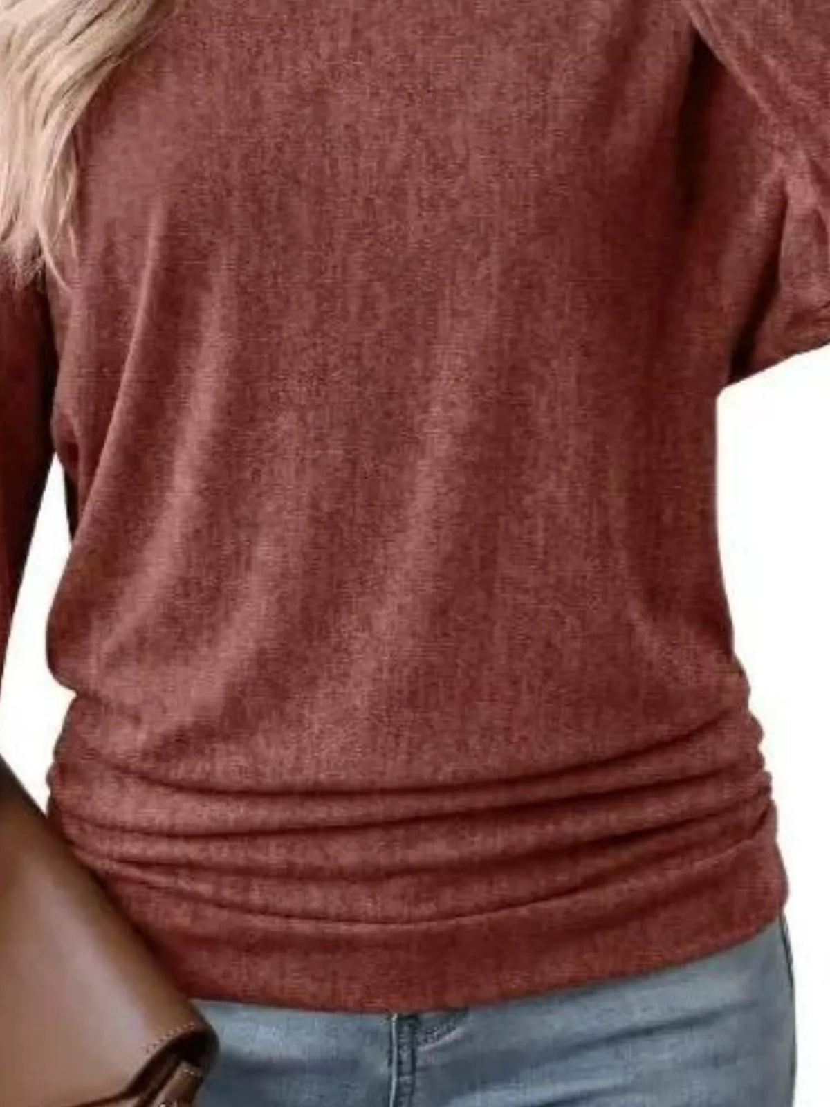 Rust crew neck t-shirt with ruched hem, knit texture and gathered lower hem
