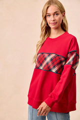 Trendsi BiBi Christmas Theme Plaid Block Sweatshirt with Binding -