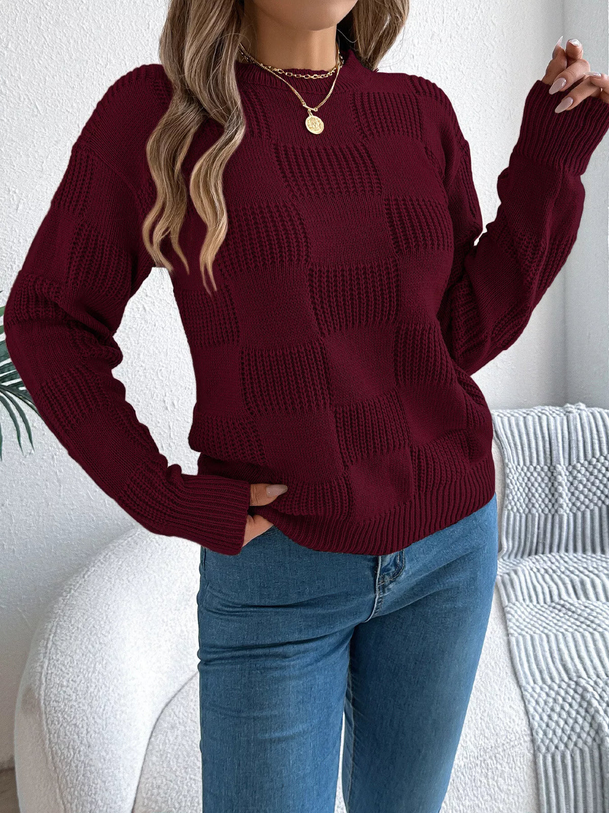 Wine Red checkerboard textured knit sweater