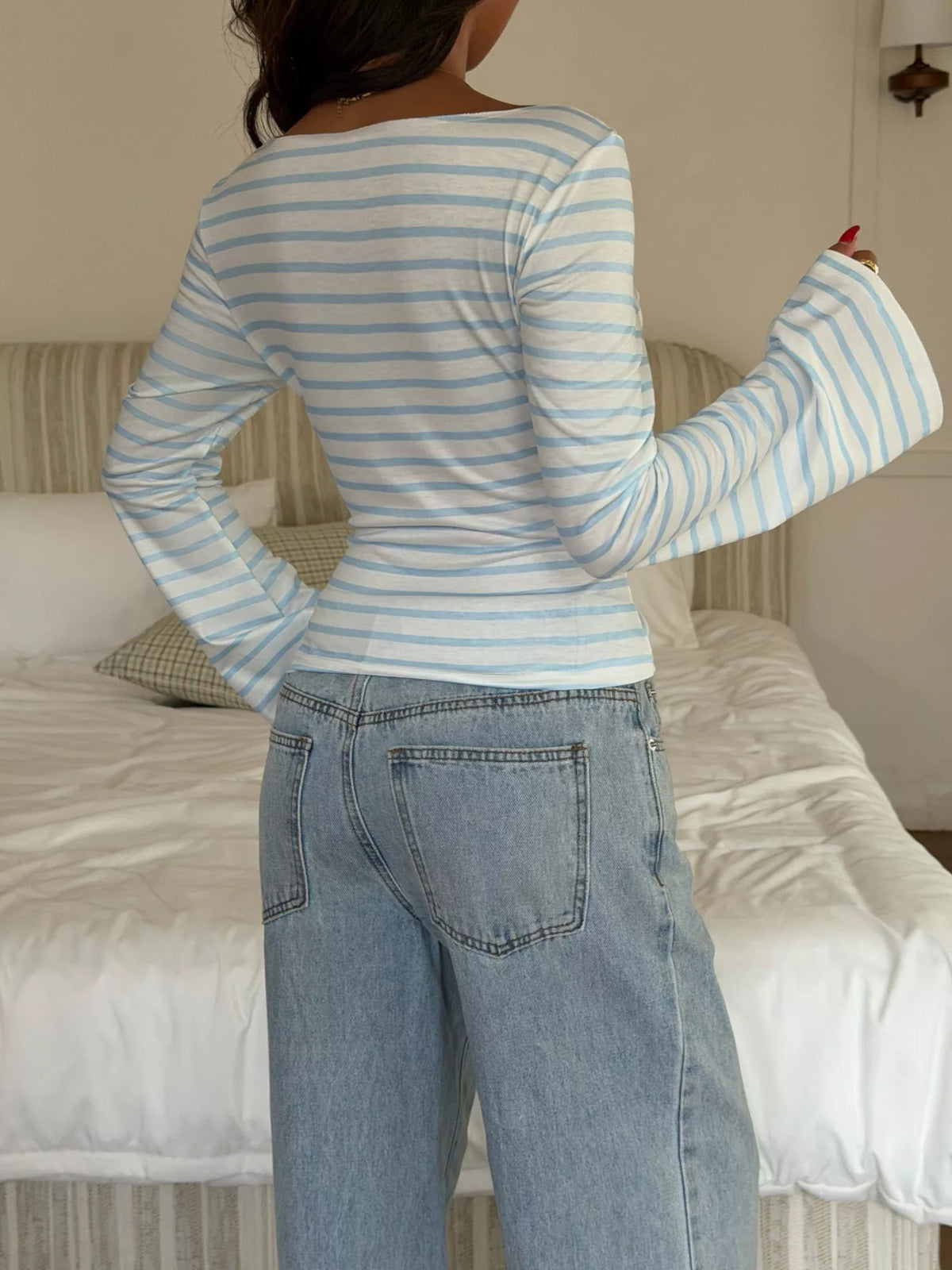 Striped Flare Sleeve Slim Fit T-Shirt in blue, back view